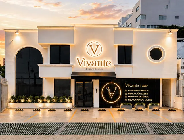 Fachada blanca de Vivante Medicina Estética en la Calle 86 de Barranquilla, con el logo iluminado